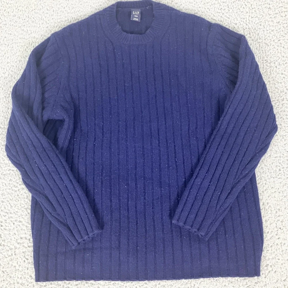 Gap Sweater Mens Medium Navy Blue‎ 100% Lambswool Ribbed Knit Crewneck Pullover